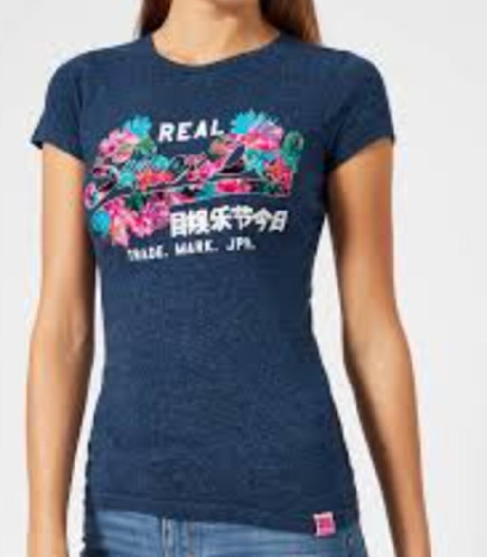 SuperDry 1954 Heritage Women's Sz L Hawaiian Print Navy Blue Graphic Tee